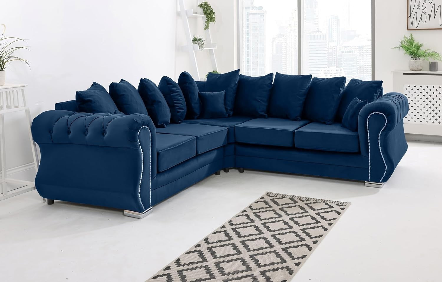 Blue Plush Velvet 5 Seater Corner Sofa with Foam Cushions & Scatterback