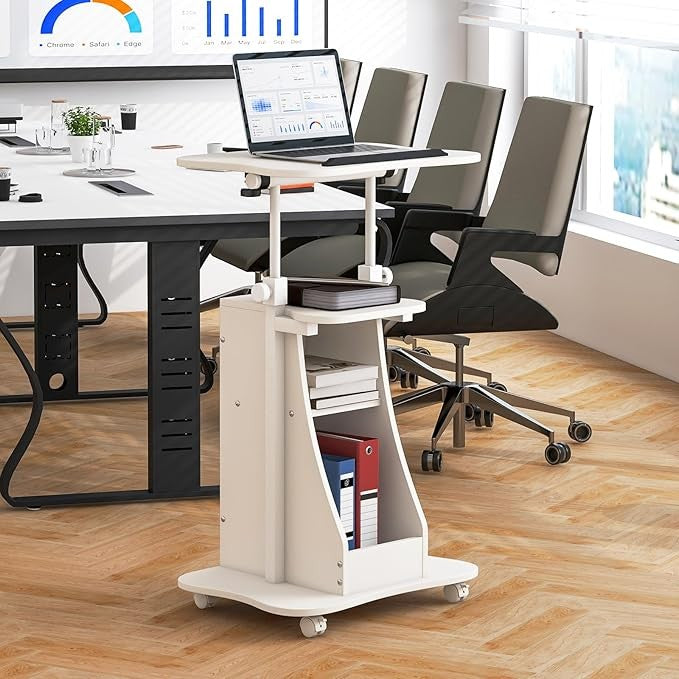 Mobile Laptop Table Height Adjustable Sit Stand Desk with Storage Wheels White