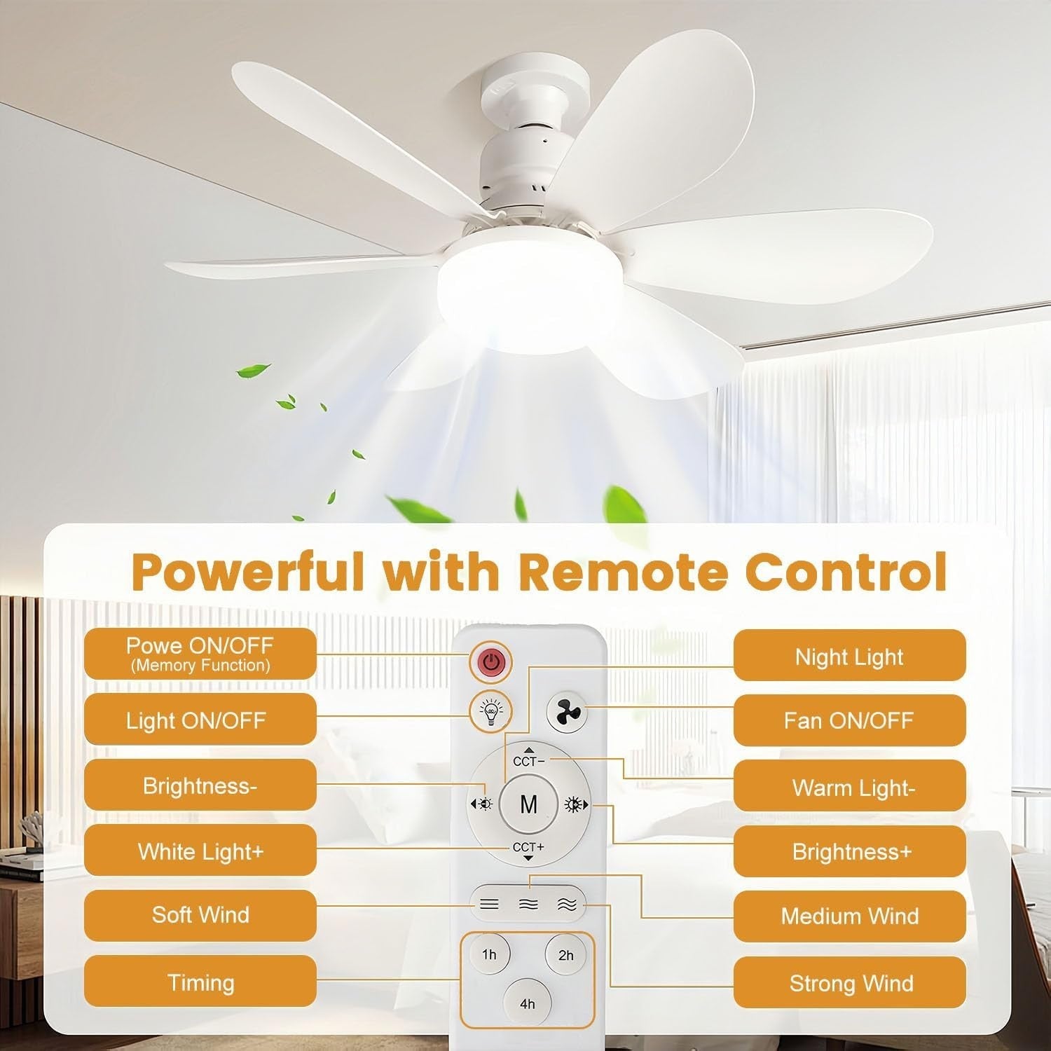 30W LED Ceiling Fan with Light, 3 Speeds, Remote & Timer, White