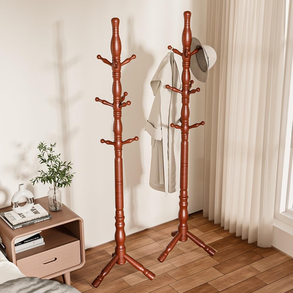Solid Wood Coat Rack Stand 9 Hooks 185cm Hall Tree Freestanding Dark Mahogany