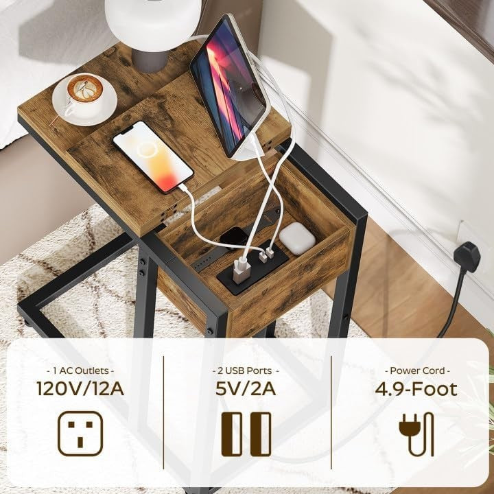 C Shaped Side Table with USB Ports, Outlet & Storage, Small Rustic End Table