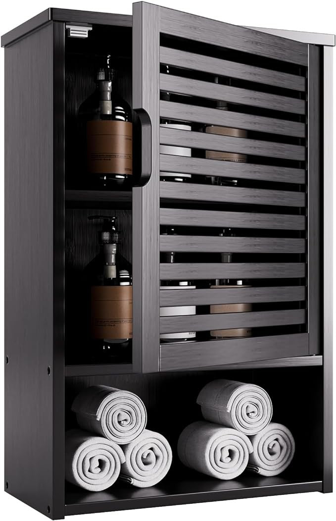 Wall Mounted Bathroom Cabinet Black Bamboo Cupboard Adjustable Shelf Storage Uni