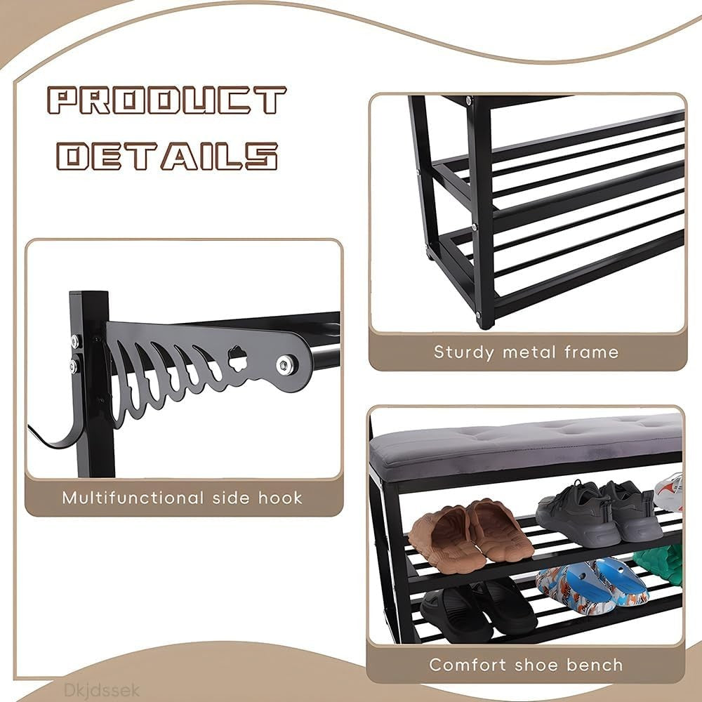 Industrial Hall Tree Coat Rack with Bench | Shoe Storage Shelf 100cm Black