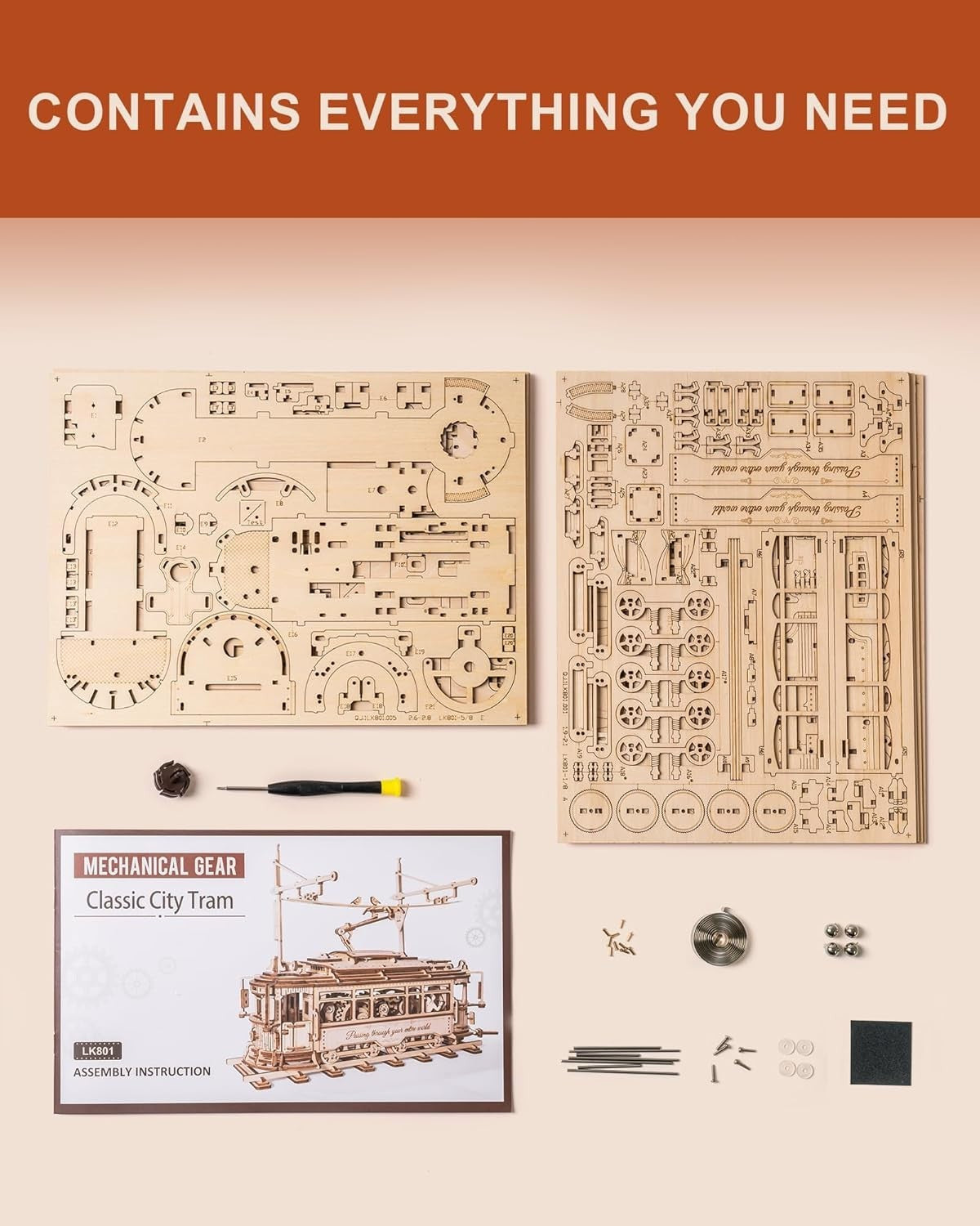 Interactive Wooden 3D Puzzle Tram Model Kit with Mechanical Gears
