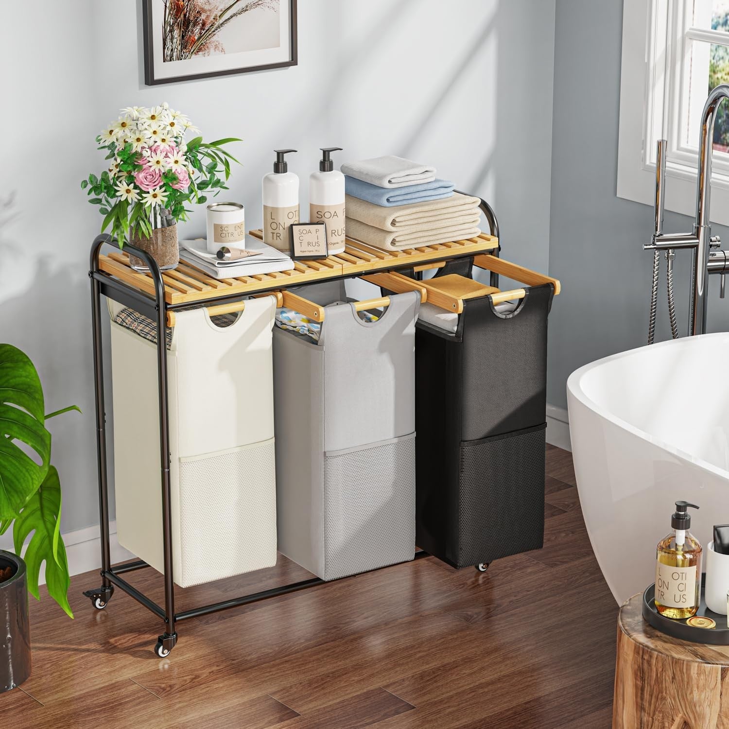 3-Section Laundry Sorter with Bamboo Shelf & Pull-Out Bags on Wheels – 3×40L