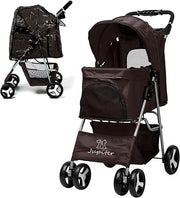 Brown Foldable Pet Stroller with Rain Cover Dog Buggy for Small Medium Pets