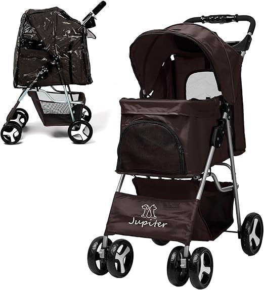 Brown Foldable Pet Stroller with Rain Cover Dog Buggy for Small Medium Pets
