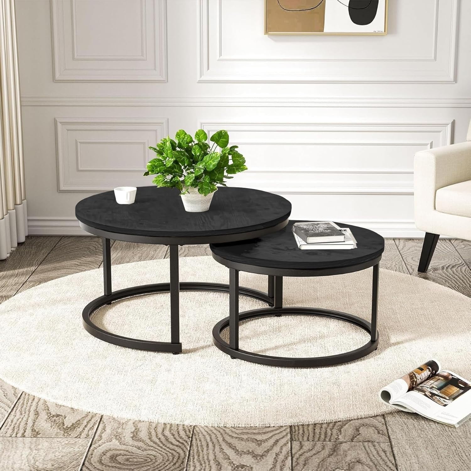 Round Nesting Coffee Tables Set of 2, Storage Shelf, Metal Frame, Modern