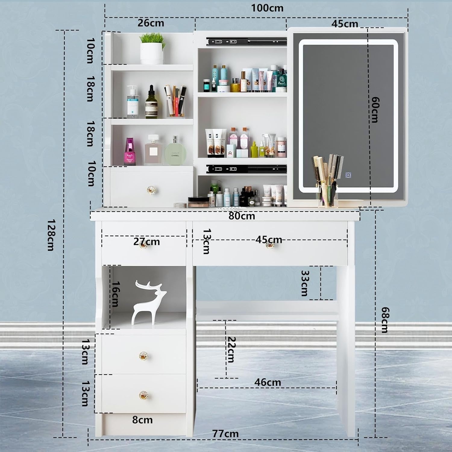Dressing Table w/Sliding Mirror LED Lights 3 Drawers Makeup Vanity Desk White