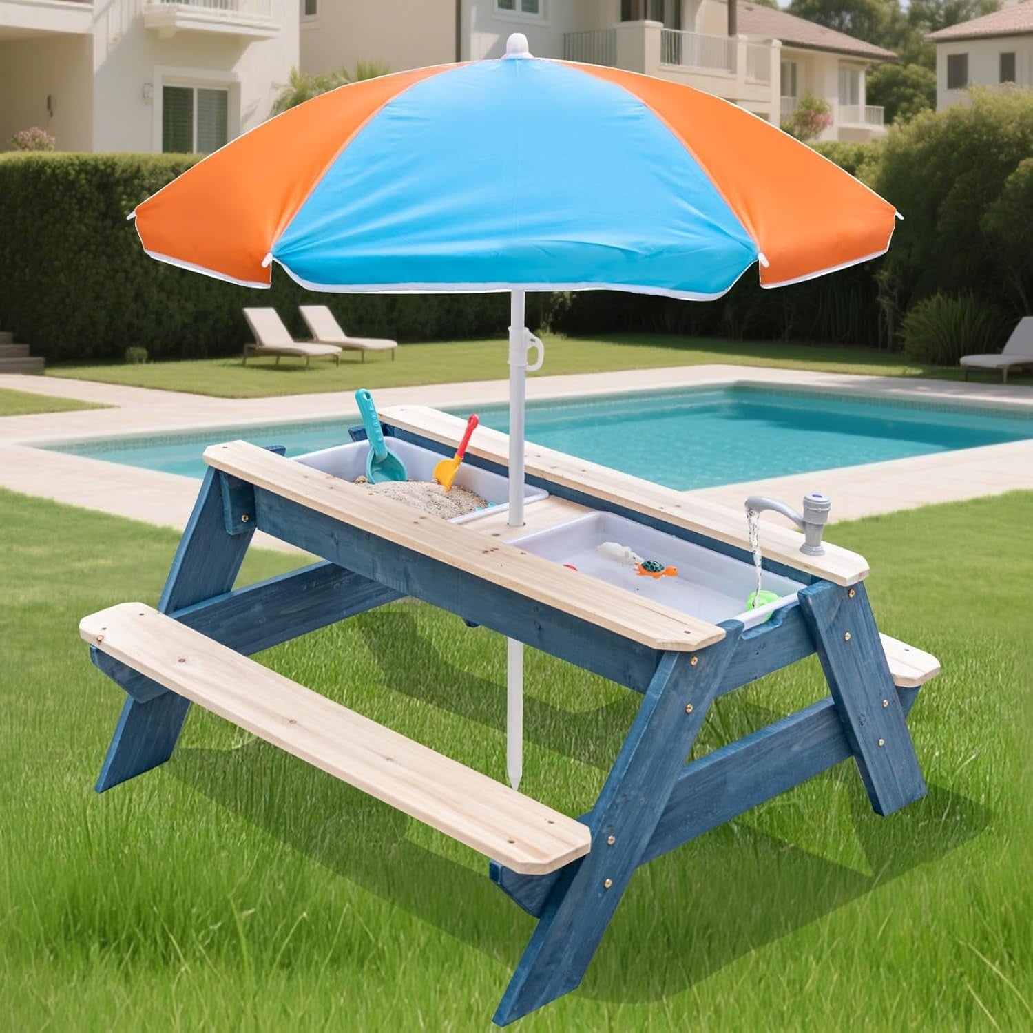Kids 3in1 Sand & Water Activity Table Wooden Picnic Bench Blue Orange