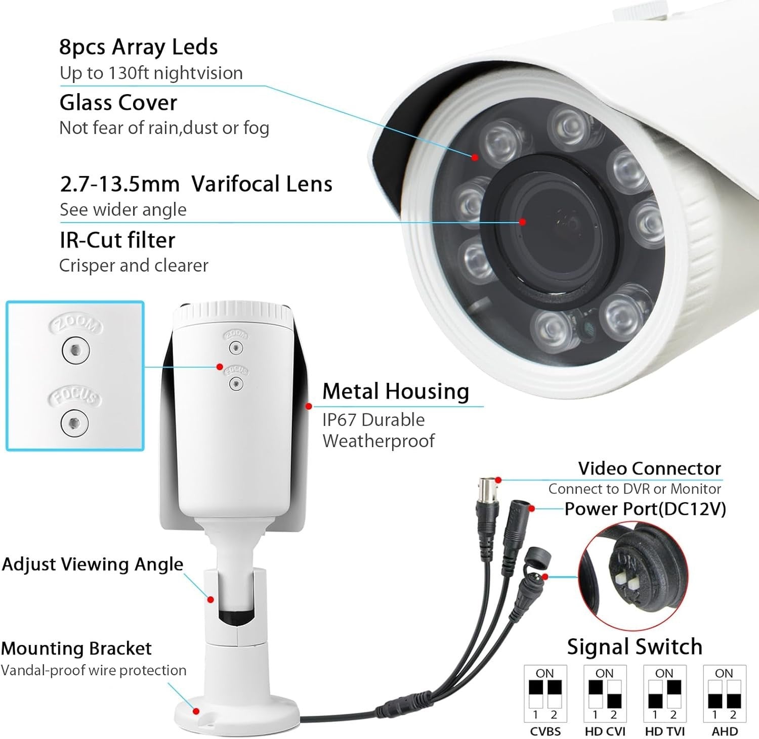 5MP CCTV Bullet Camera Varifocal Lens 130ft Night Vision IP67 Outdoor