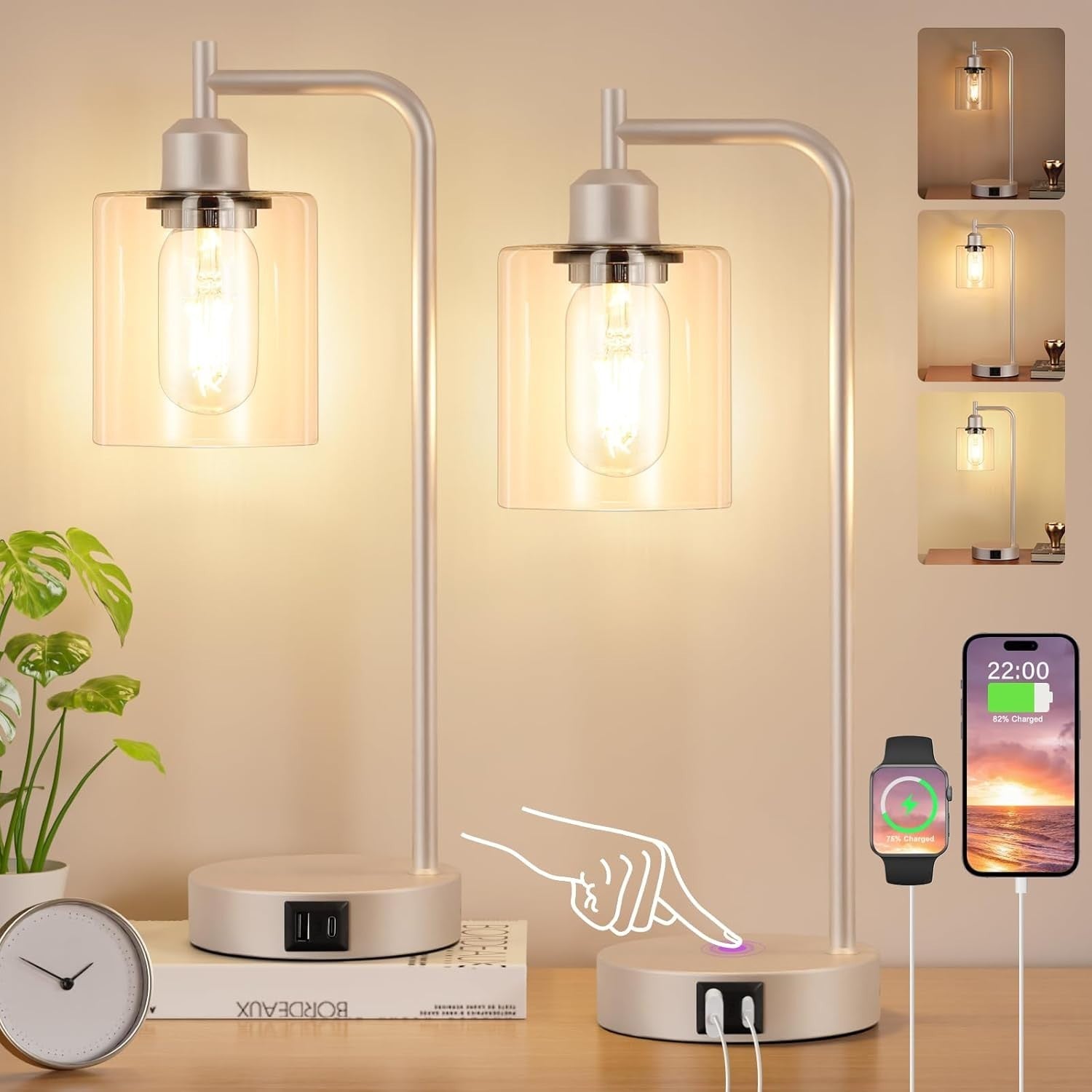 Champagne Gold Touch Table Lamps Set of 2 USB Dimmable Clear Glass
