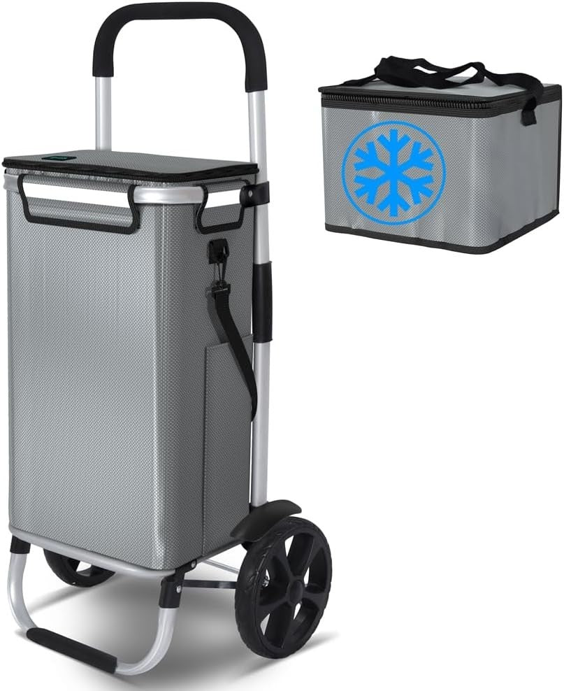 58L Folding Shopping Trolley Grey Aluminium Basket with Insulated Bag