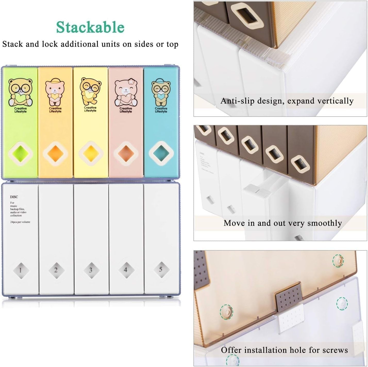 CD DVD Storage Box Holds 120 Discs Media Organizer Colorful Bear