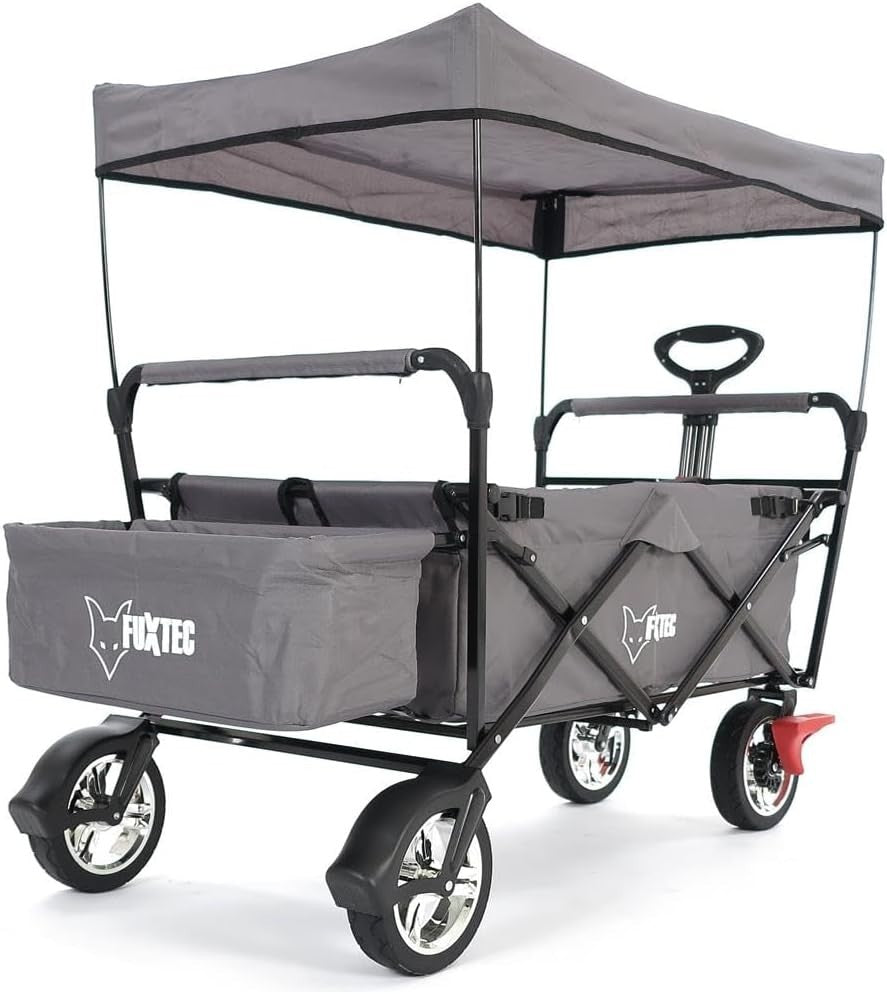 Grey Kids Folding Wagon Push Pull Stroller Cart w/ Canopy & Storage Bag