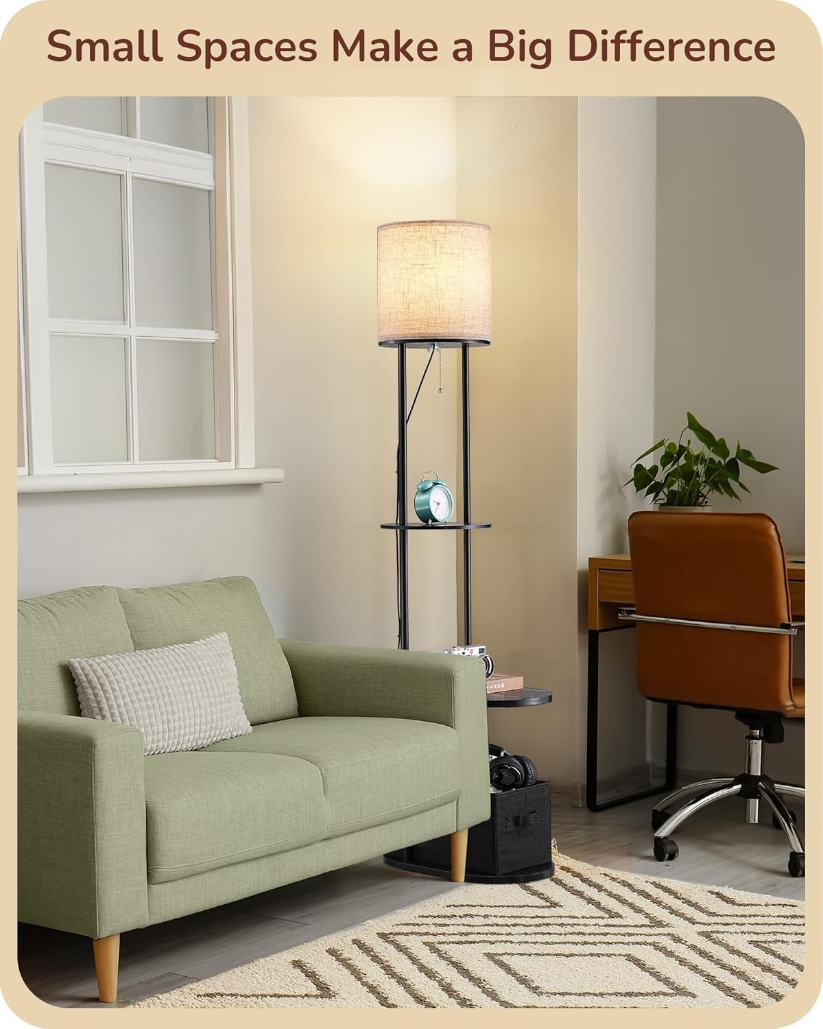 LED Floor Lamp with Storage Shelves, USB Charging, 3 Color Temps, 65” Tall