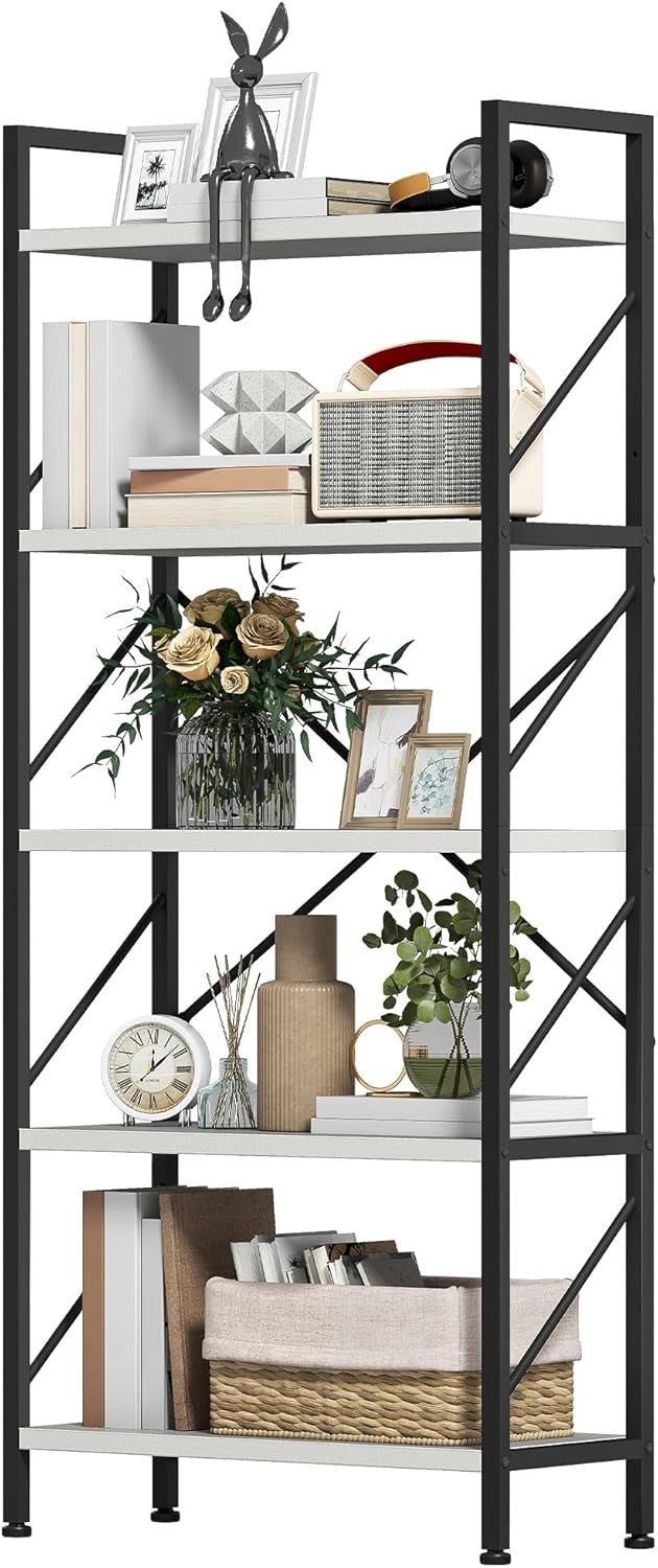 White Industrial 5-Tier Bookshelf Metal Frame Wood Shelving Storage Unit 158cm