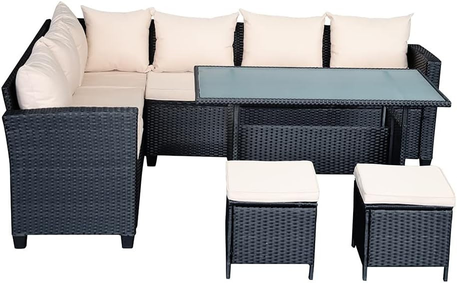 8-Seater Rattan Garden Sofa Set Black Wicker Beige Cushions Outdoor Patio