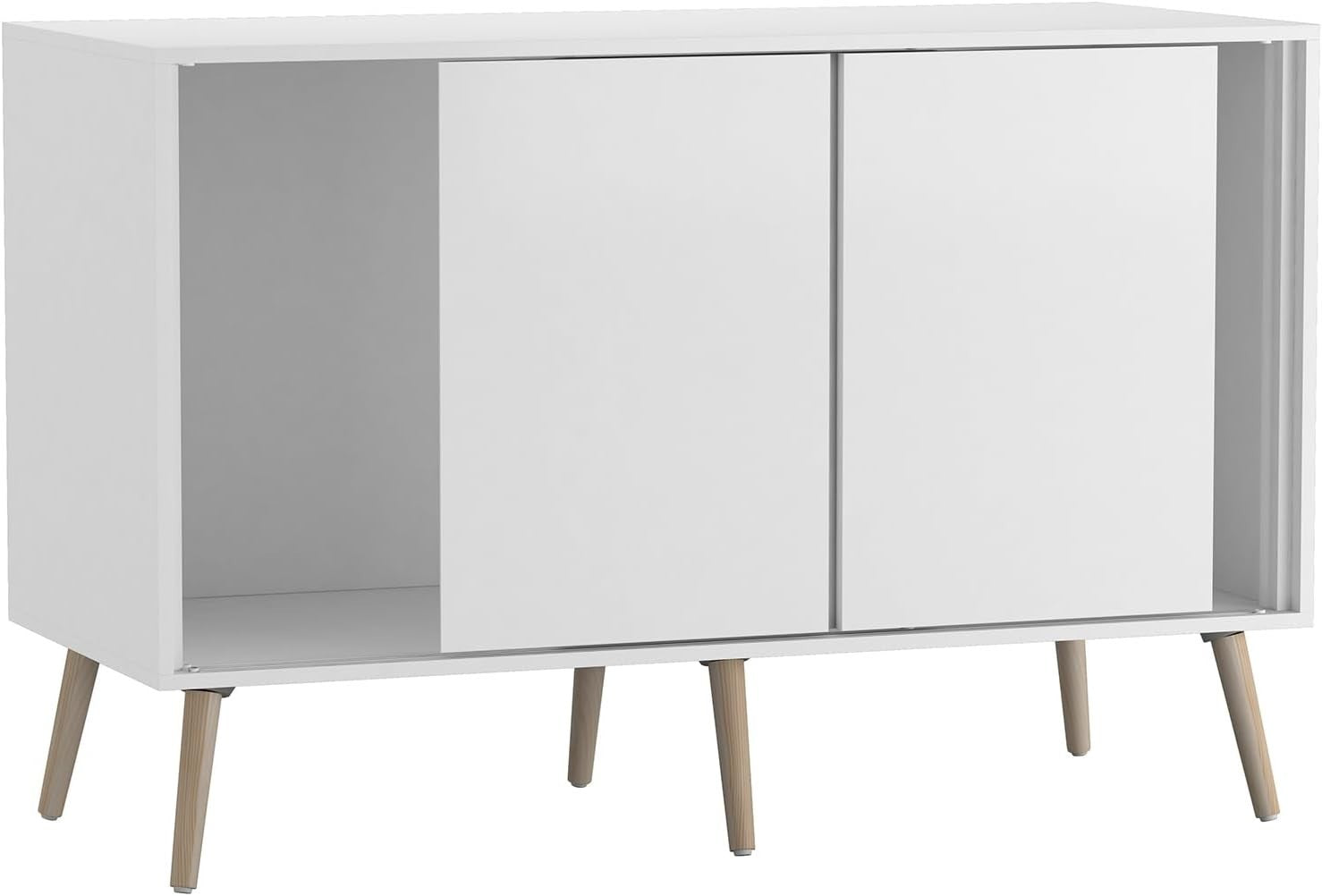 White Sideboard Cabinet 3 Door Storage Beech Legs Modern Sliding Unit