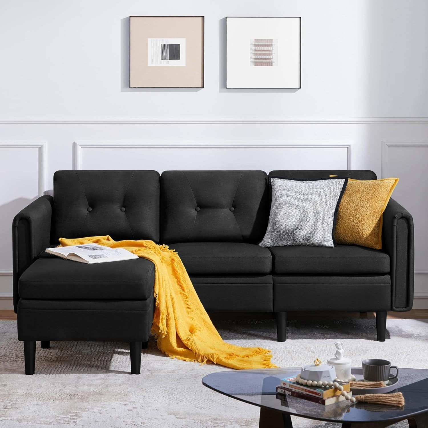 Velvet Black L-Shaped Corner Sofa with Ottoman 3-Seater Chaise for Small Spaces