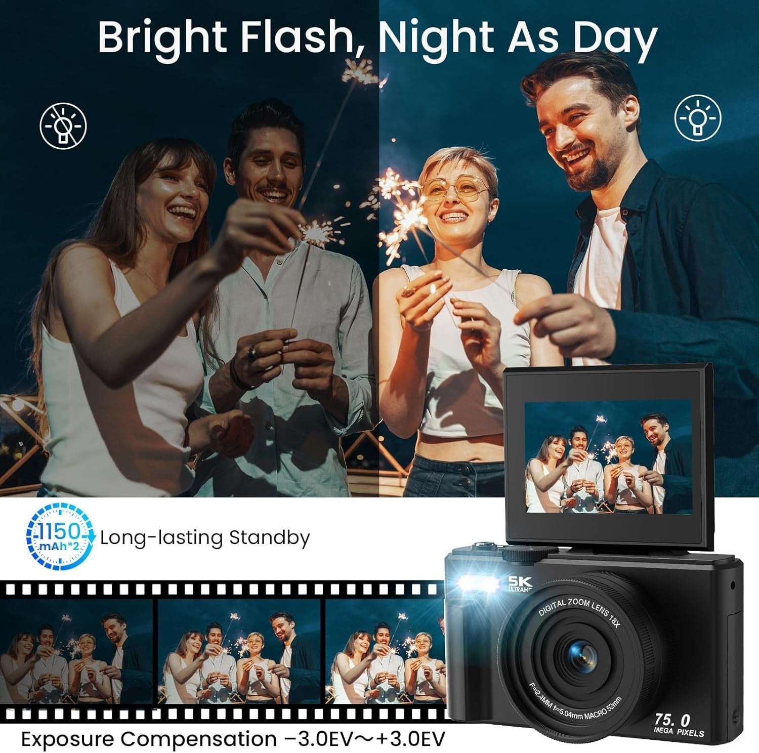 5K 75MP Digital Camera WiFi Vlogging Camera Flip Screen 64GB