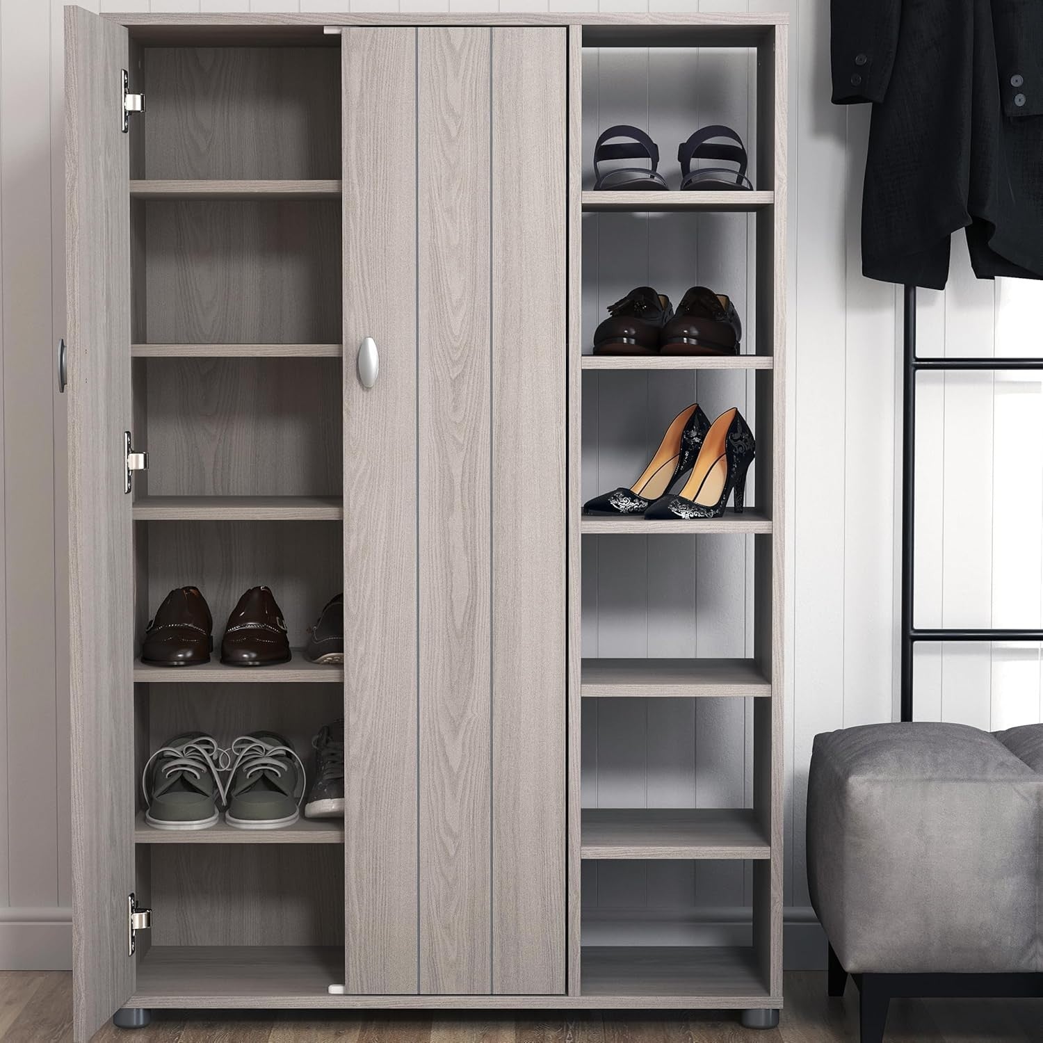 Warm Grey Oak 2-Door Shoe Cabinet 24-Pair Storage 79.6x35.3x119cm