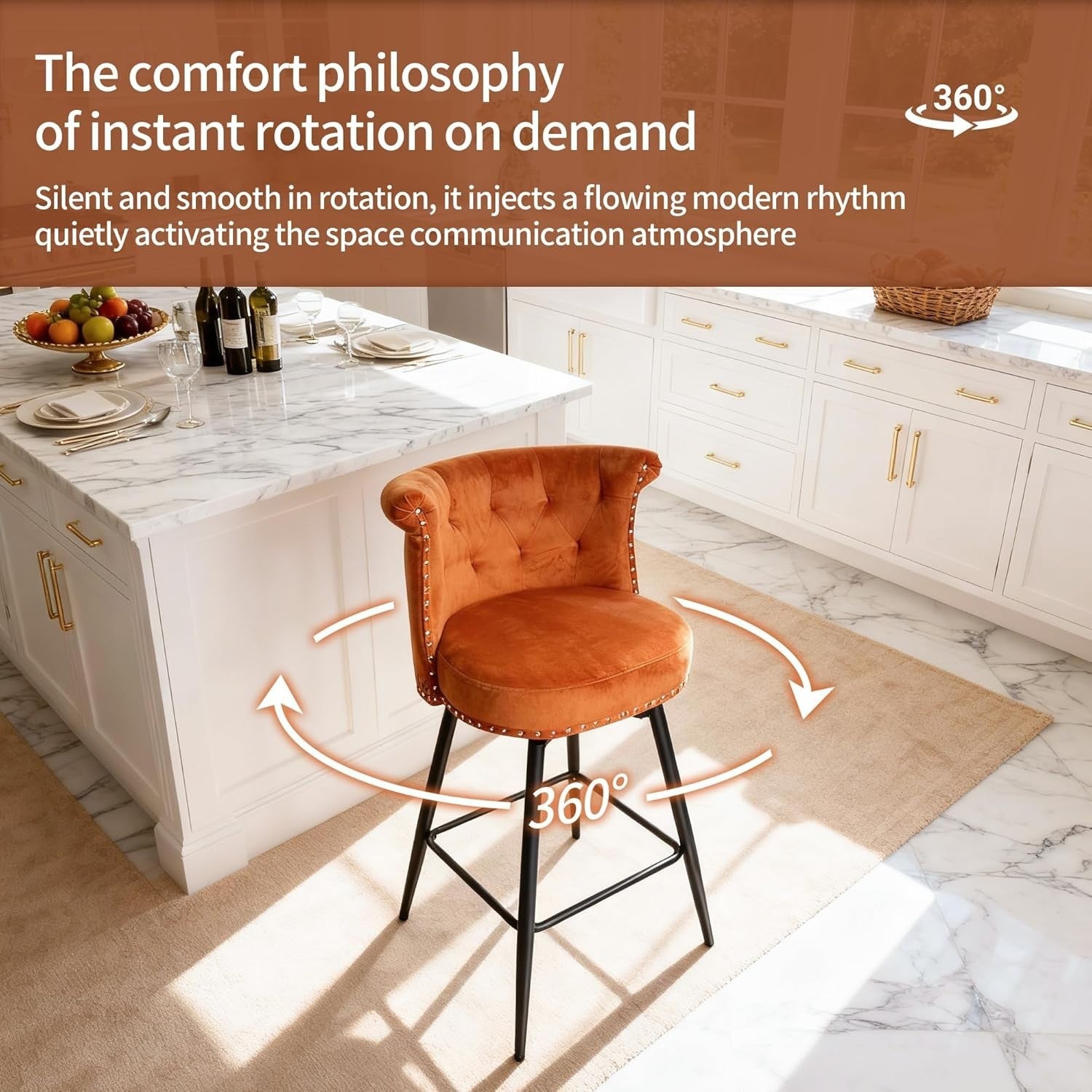 Swivel Bar Stools Set of 2 | Orange PU Leather L-Shaped Counter Chairs