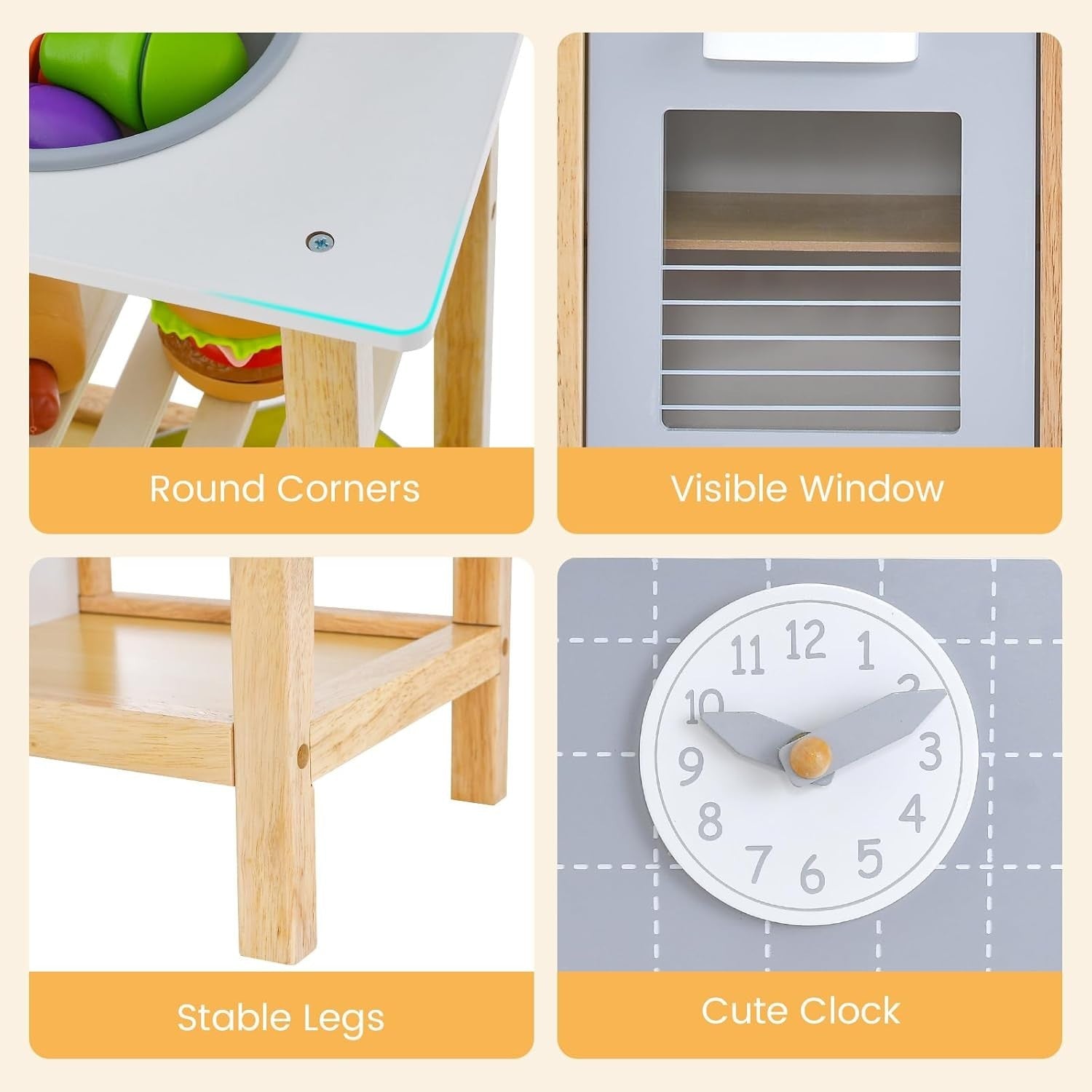 Wooden Kids Play Kitchen Pretend Cooking Set Sound Clock Accessories
