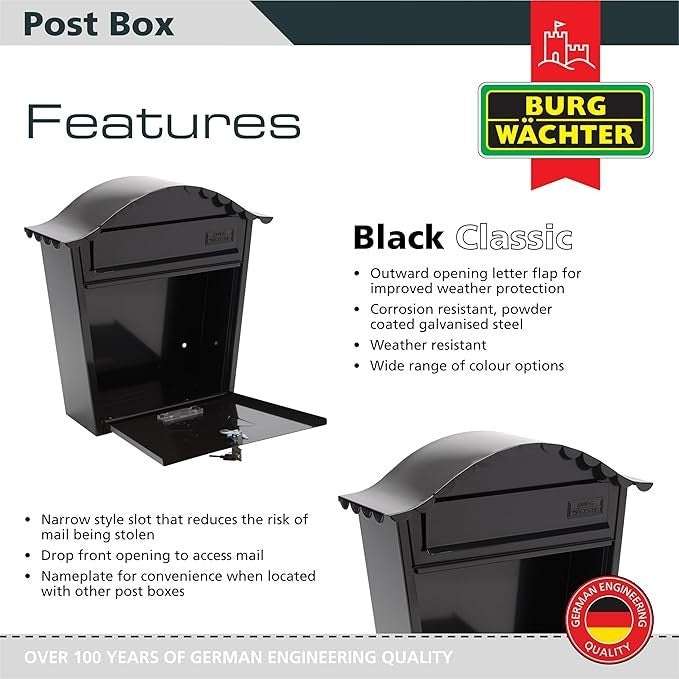 Secure Wall Mounted Lockable Post Box Weatherproof Steel Mailbox Black 36x37x13
