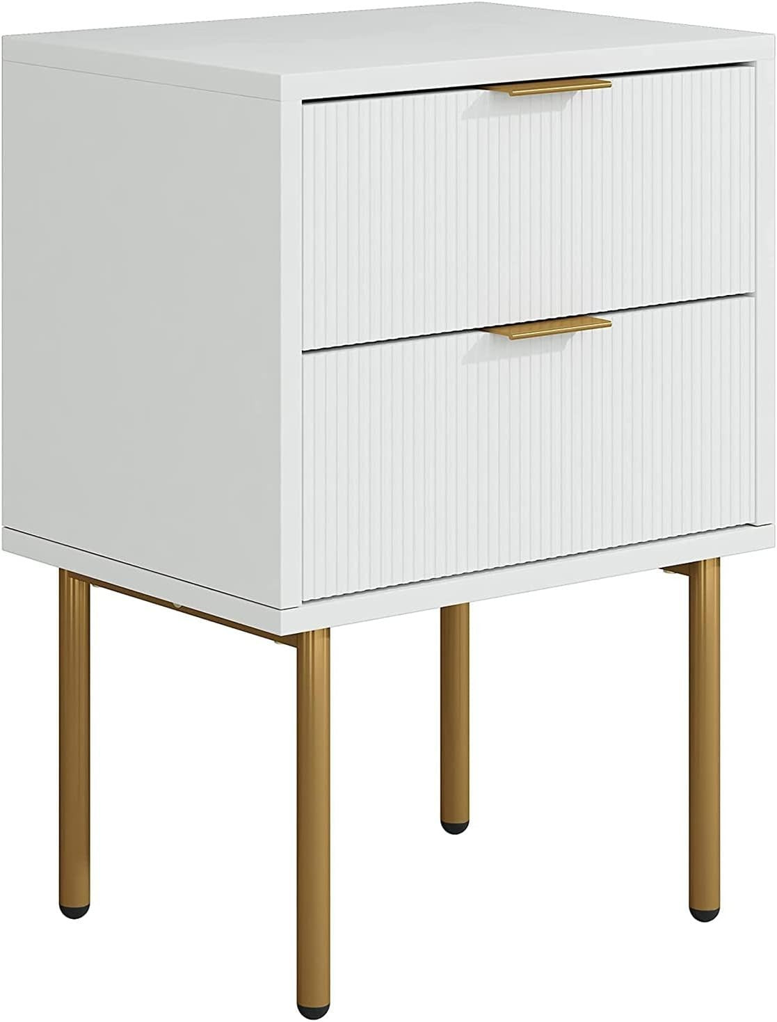 White Bedside Table with 2 Drawers & Gold Legs | Modern Wooden Nightstand