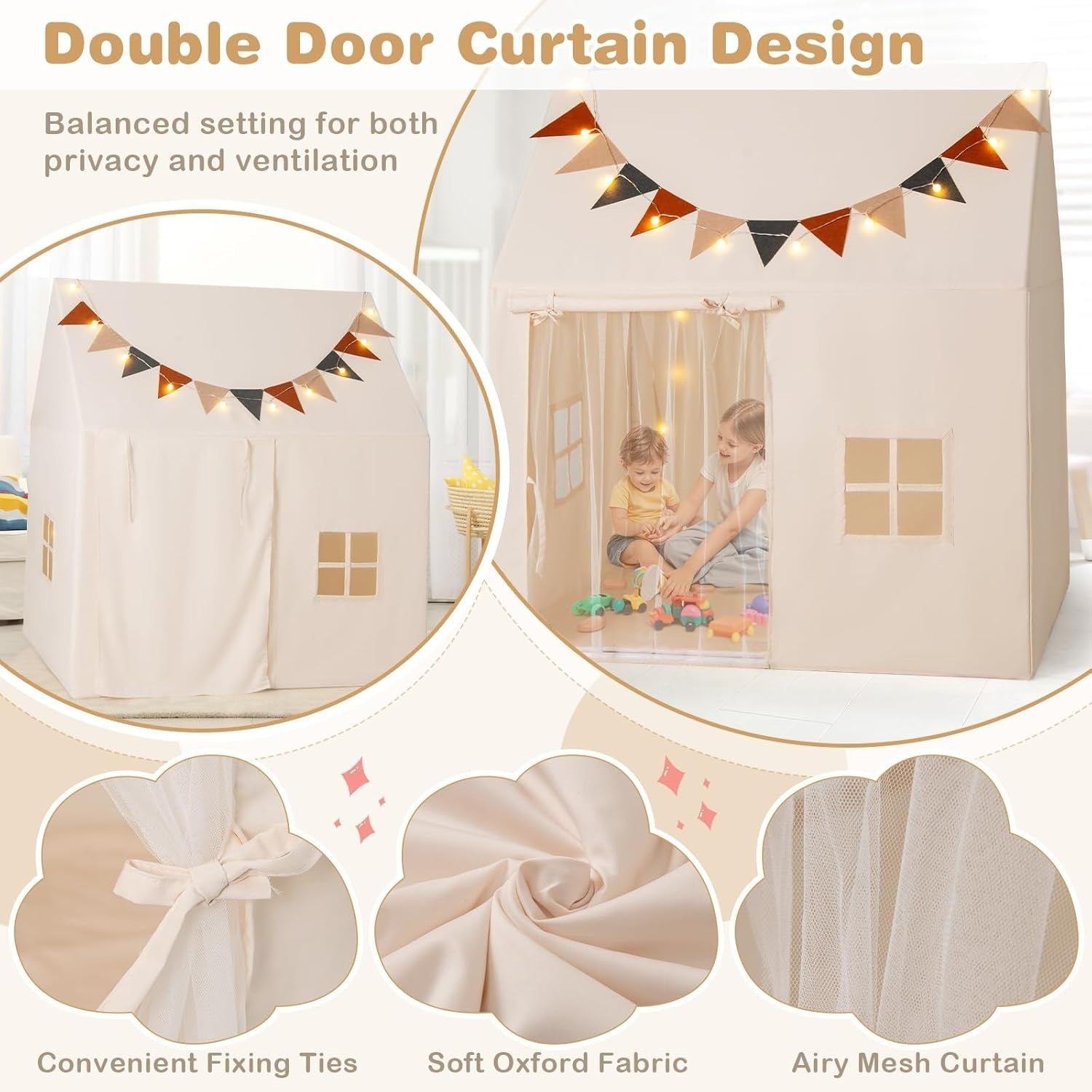 Kids Castle Playhouse Tent Indoor Outdoor w Lights Non Slip Mat Flags