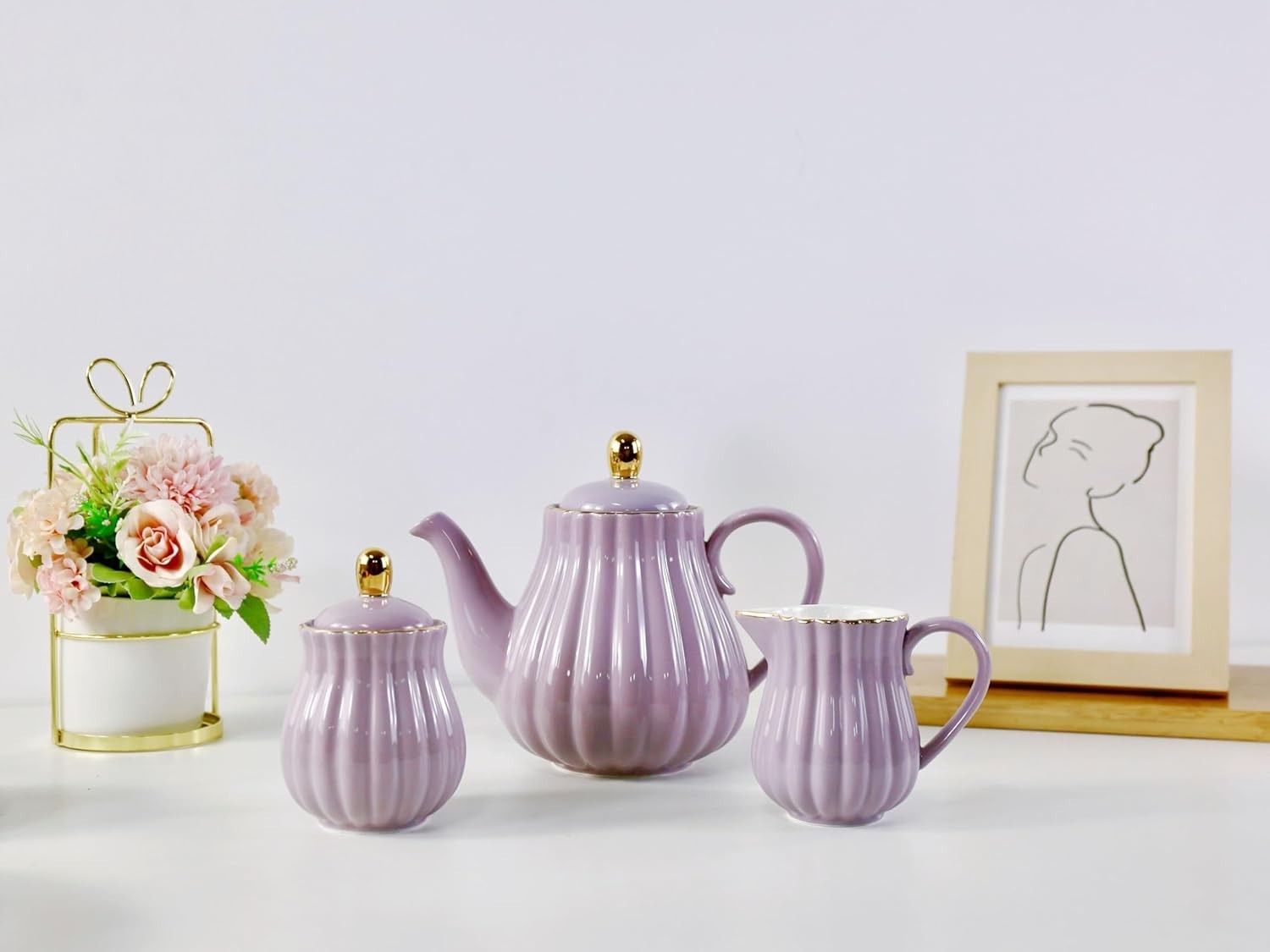 Euro Style Porcelain Tea Set Teapot Milk Jug Sugar Bowl Purple 920ml