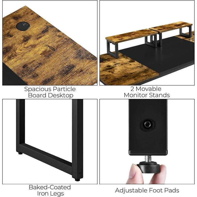 140cm Rustic Computer Desk with Monitor Stand, Cable Ports & Headset Hook