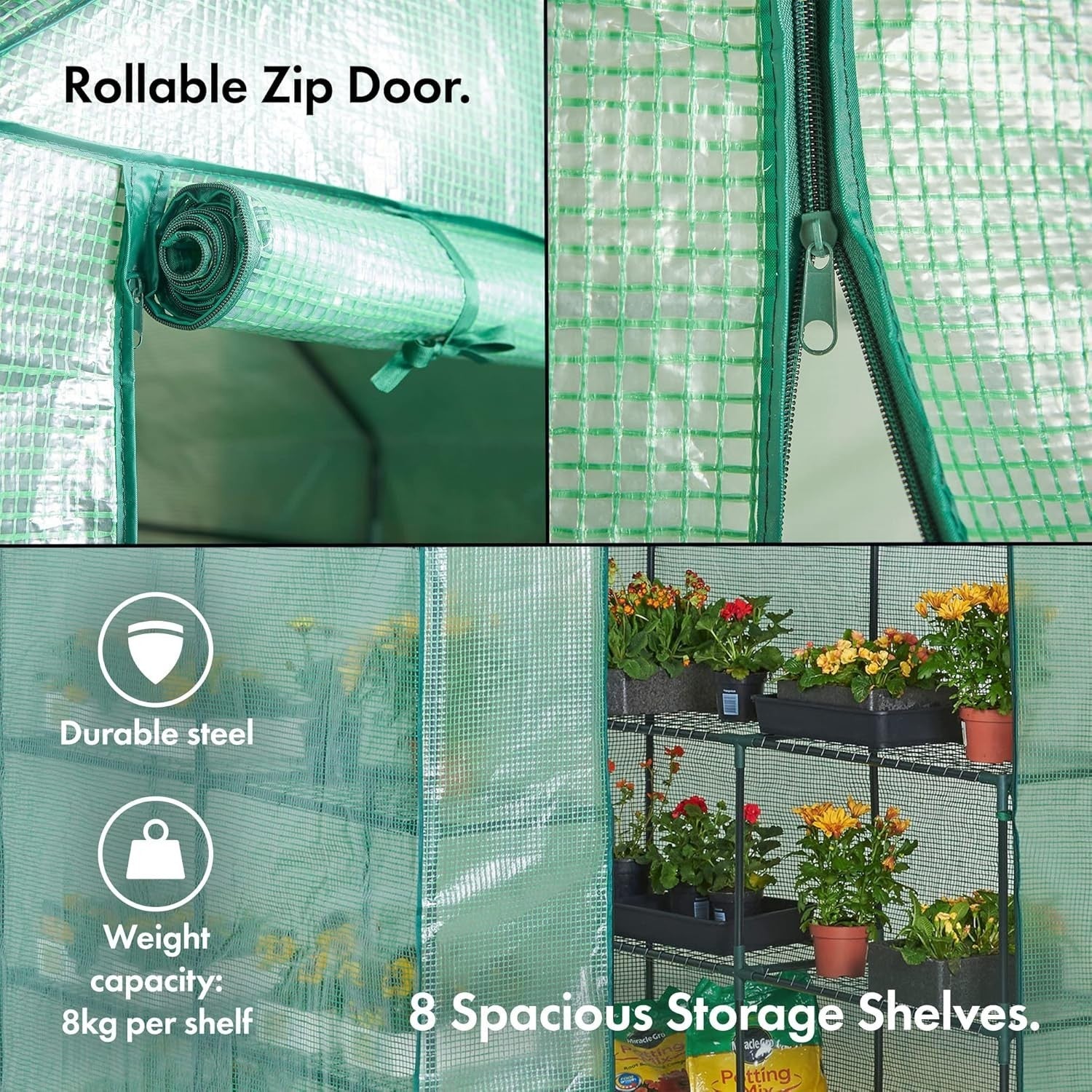 Large Walk-In Greenhouse with 8 Shelves | Heavy-Duty Steel Frame | Weatherproof