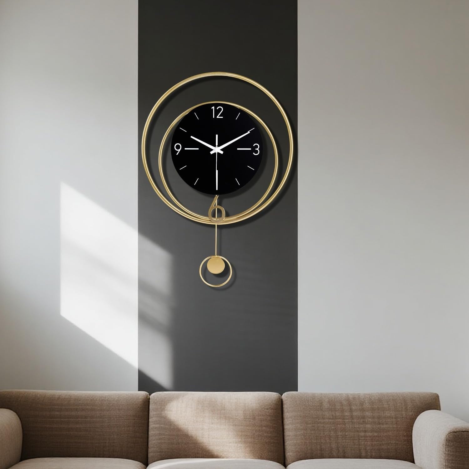Black Modern Wall Clock 33x43cm Silent Quartz Pendulum Stylish Home Decor