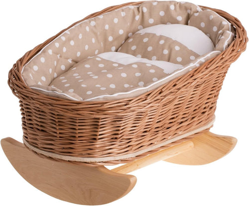 Wicker Doll Cradle Bed with Bedding Rocking Bassinet Vintage Style Toy Brown