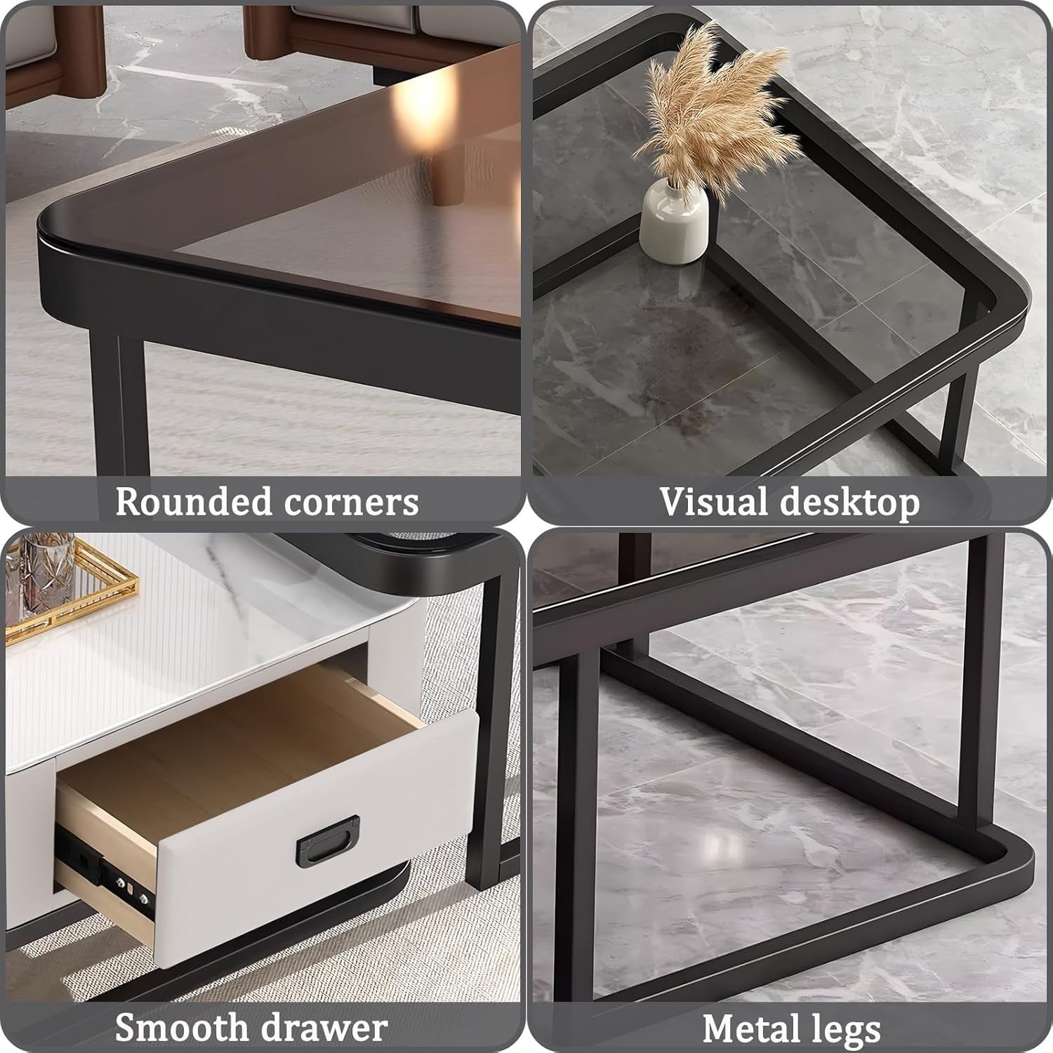 2-in-1 Nesting Coffee Table Set w/ Storage Drawer, Marble & Glass Top, Space.