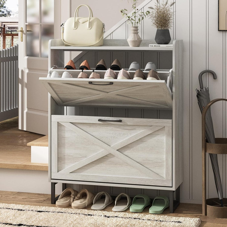 Slim Wooden Shoe Cabinet 2 Drawer Fold Storage Rack – Dustproof Grey Hallway
