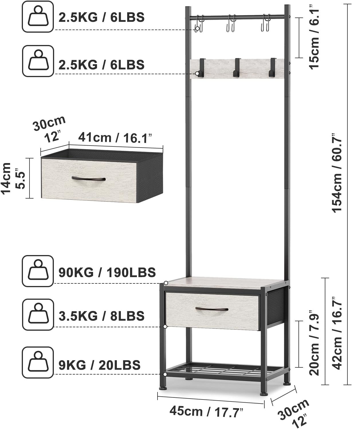 Narrow Coat Rack with Drawer & Shoe Bench | Greige Industrial Hall Stand