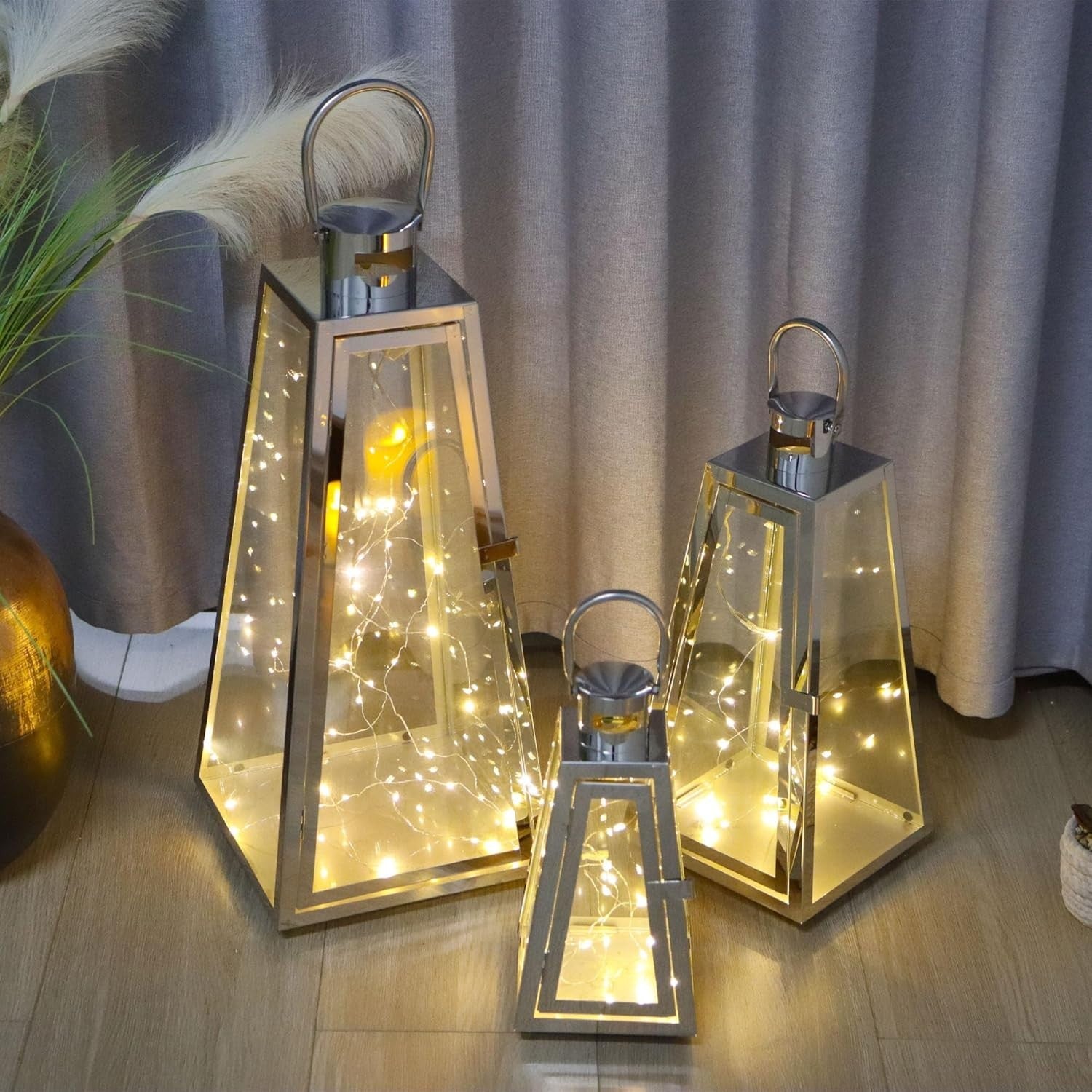 Gold Stainless Steel Decorative Lantern 30cm Metal Candle Holder