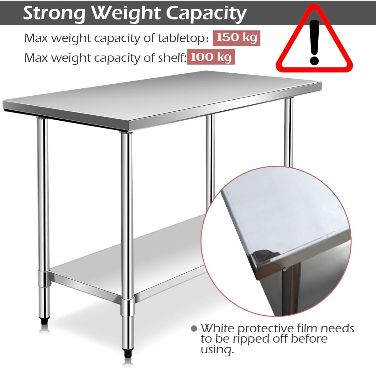 Stainless Steel Catering Table 122x61x90cm Prep Bench Adjustable Shelf