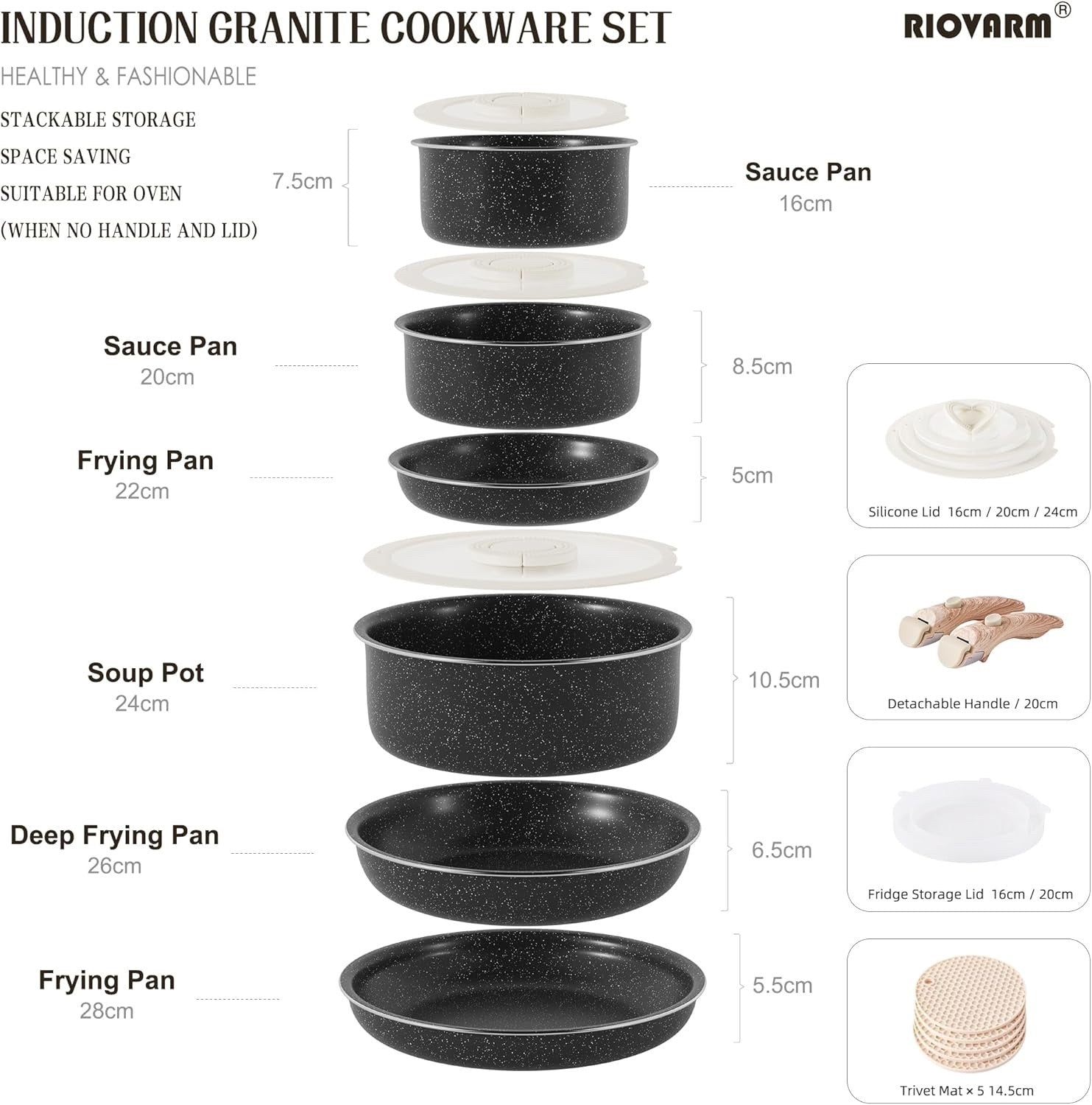 5Pcs Black Pots Pans Set with Glass Lids & Detachable Handle Induction Safe