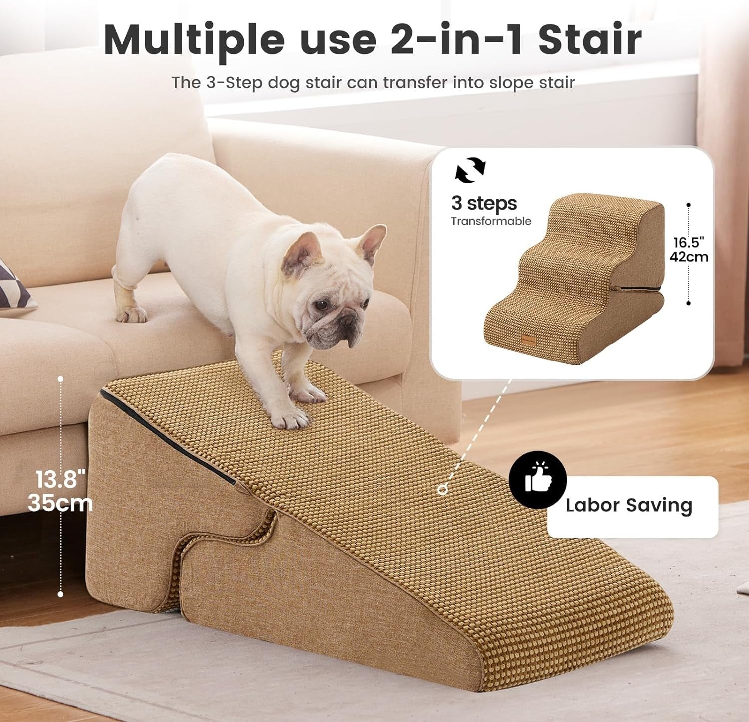 Adjustable 3 Step Dog Stairs Pet Ramp Non Slip Washable Brown