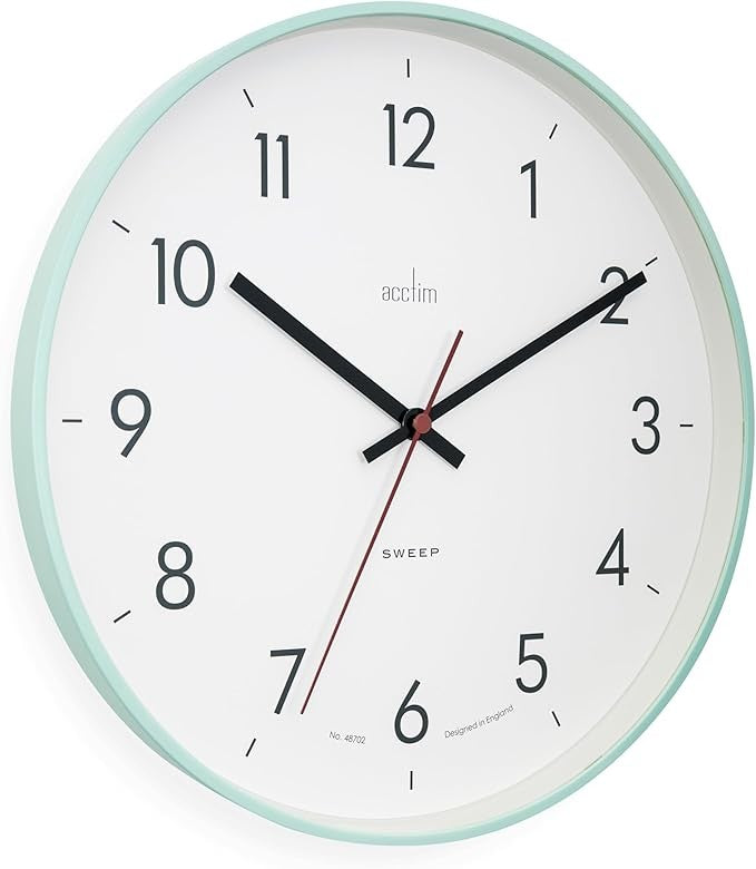 30cm Silent Sweep Wall Clock Mint Green Slimline Modern Easy-Read Design