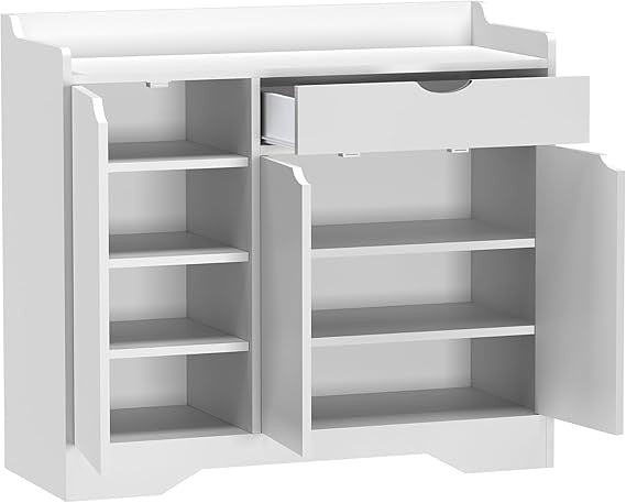 White Shoe Storage Cabinet with Drawer & Shelf, Modern Hallway Organiser Unit