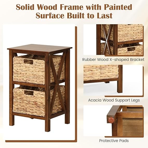 2x Walnut Bedside Tables with Seagrass Baskets | Rustic 2-Tier Narrow Nightstand