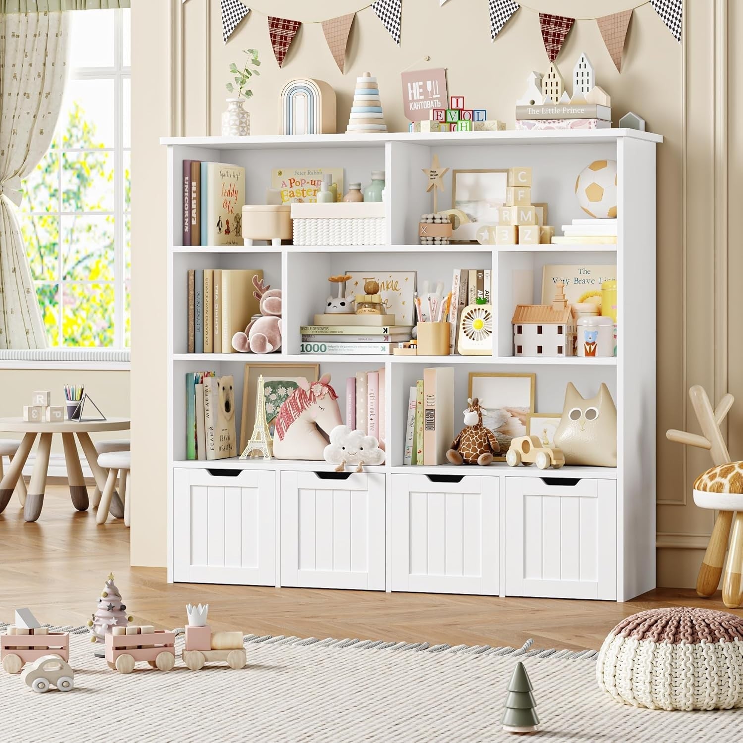 Kids Toy Storage Cabinet with Shelves 4 Drawers Nursery Playroom Organizer White