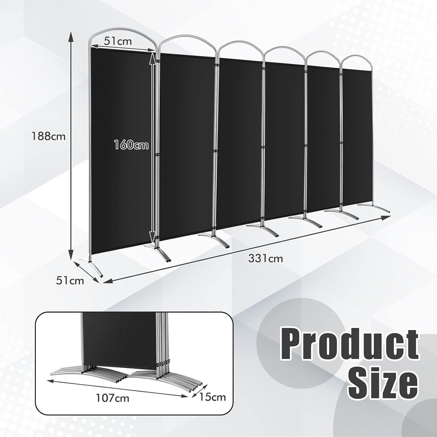 6 Panel Black Folding Room Divider Privacy Screen for Bedroom Office 188cm High