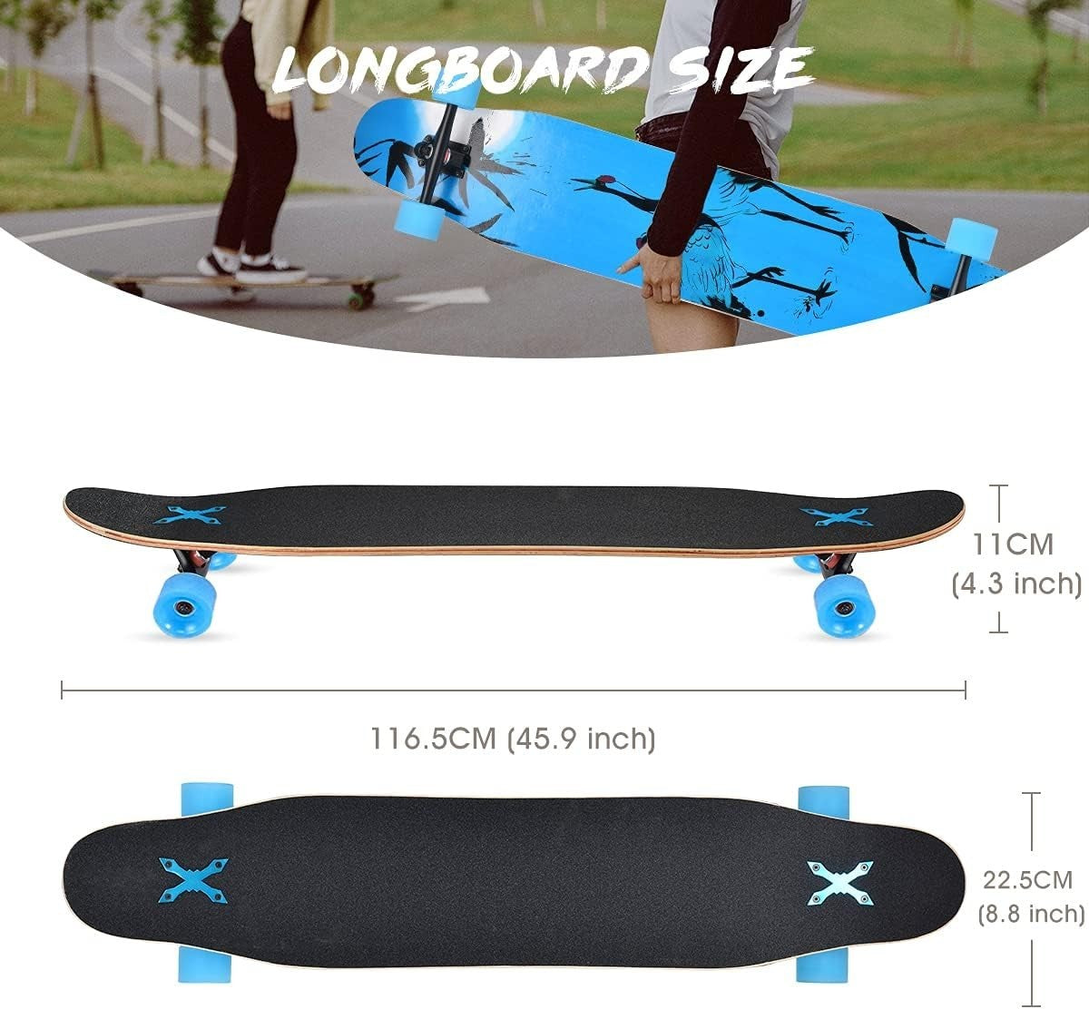 46" Longboard Skateboard Complete 8-Layer Maple Wood Deck Perfect for Teens & Ad