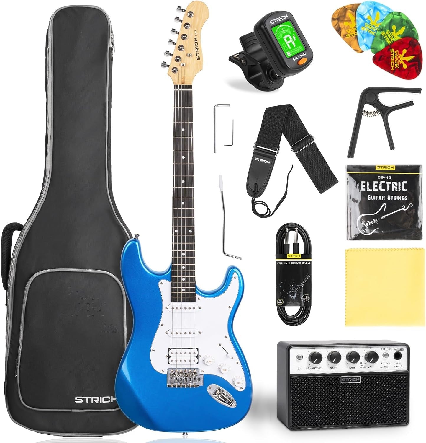 39" Electric Guitar Starter Kit HSS Pickups 10W Amp Blue